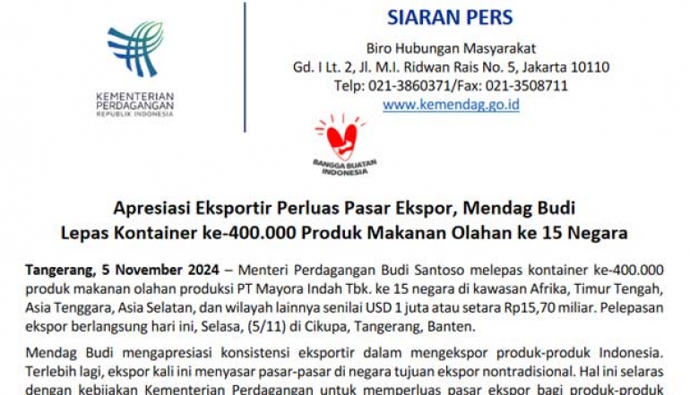 Appreciation for Exporters Expanding Export Markets, The Minister of Trade Budi Sends Off 400,000th Container of Processed Food Products to 15 Countries